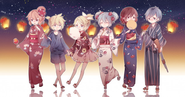 Обои картинки фото аниме, vocaloid, звезды, вокалоид, фонари, яблоко, кимоно, парни, itsia, арт, девушки, meiko, megurine, luka, kaito, kagamine, rin, len, hatsune, miku, вата, кукуруза