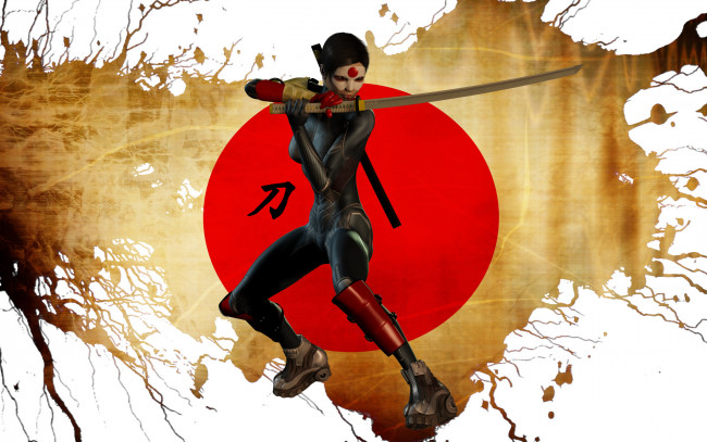 Обои картинки фото 3д графика, люди , people, оружие, фон, взгляд, девушка, катана