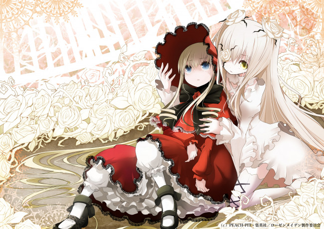 Обои картинки фото аниме, rozen maiden, розы, девушки, арт, tansuke, shinku, rozen, maiden, kirakishou