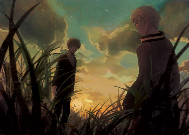 Обои картинки фото аниме, hetalia,  axis powers, toku, арт, трава, парни, america, united, kingdom, закат, хеталия, и, страны, оси, цветы, облака, небо