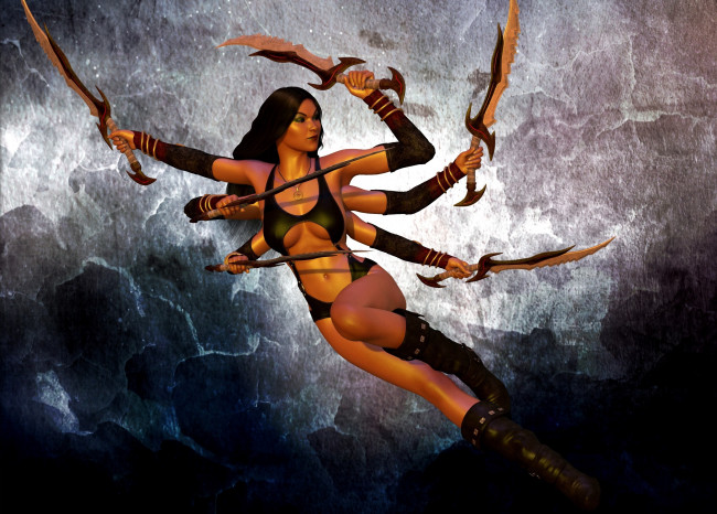 Обои картинки фото 3д графика, существа , creatures, девушка, взгляд, фон, оружие