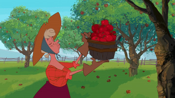обоя векторная графика, мультфильмы , cartoons, сад, ведро, яблоко, шляпа, женщина