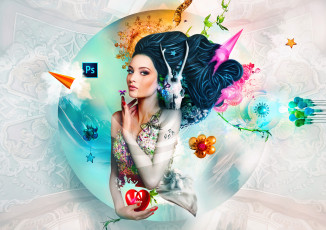 обоя компьютеры, adobe, девушка, фон, взгляд, программы