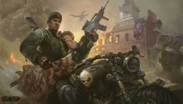 Картинка видео+игры homefront +the+revolution мужчина ребенок фон взгляд мотоцикл дом униформа автомат