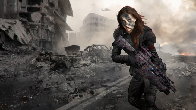 Обои картинки фото 3д графика, армия , military, раскрасска, дом, автомат, форма, фон, девушка