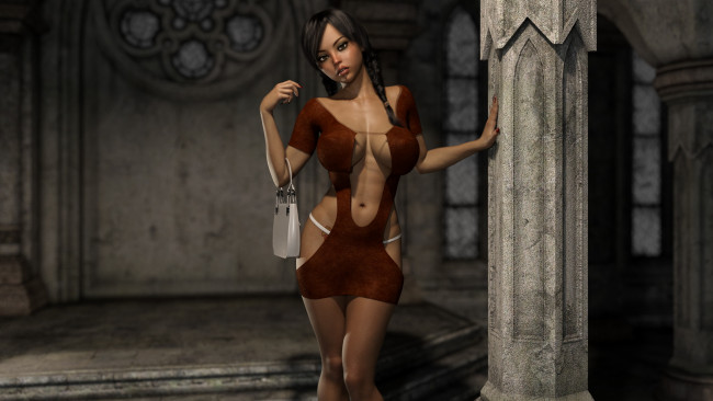 Обои картинки фото 3д графика, люди , people, девушка, фон, взгляд, платье, колонна, пирсинг