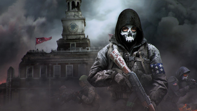 Обои картинки фото видео игры, homefront,  the revolution, мужчина, фон, взгляд, маска, автомат, дом