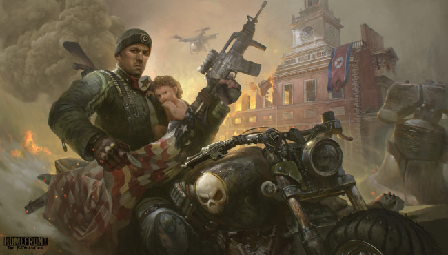 Обои картинки фото видео игры, homefront,  the revolution, мужчина, ребенок, фон, взгляд, мотоцикл, дом, униформа, автомат