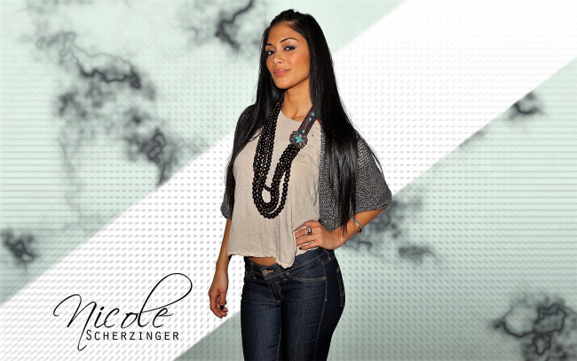Обои картинки фото девушки, nicole scherzinger, брюнетка, туника, джинсы, бусы