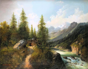 обоя рисованное, живопись, лес, деревья, изба, река, горы, трава, тропа, камень