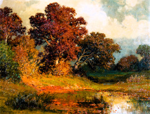 обоя рисованное, alois arnegger, деревья, лес, пруд, осень, листья