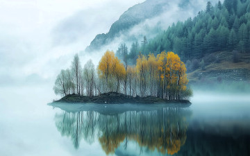 обоя разное, компьютерный дизайн, горы, туман, лес, осень, озеро, остров