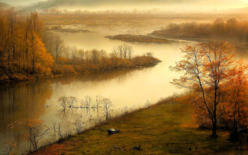 обоя рисованное, природа, река, лес, осень, туман