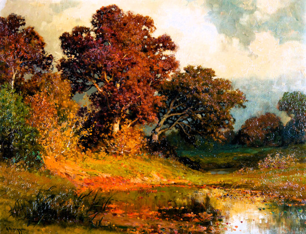 Обои картинки фото рисованное, alois arnegger, деревья, лес, пруд, осень, листья