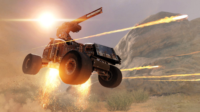 Обои картинки фото видео игры, crossout, машина, техника, оружие, выстрелы, прыжок, горы, искры
