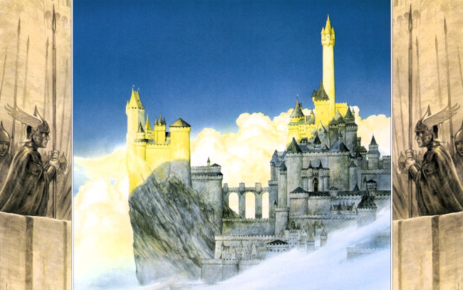 Обои картинки фото фэнтези, _lord of the rings, крепость, башни, облака, воины