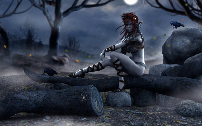 Обои картинки фото фэнтези, девушки, камни, дерево, девушка