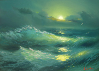 обоя александр, милюков, ночь, волна, рисованные, море