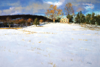 Картинка рисованные peter fiore дом снег деревья ель забор лес долина зима winter clearing