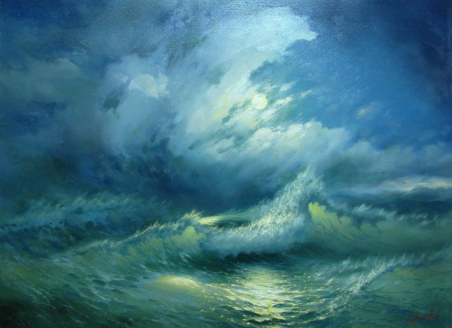 Обои картинки фото александр, милюков, ночь, волна, рисованные, море