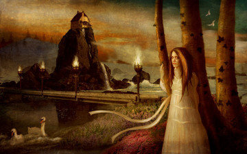 Картинка фэнтези девушки факел лебедь