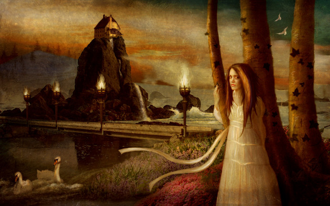Обои картинки фото фэнтези, девушки, факел, лебедь