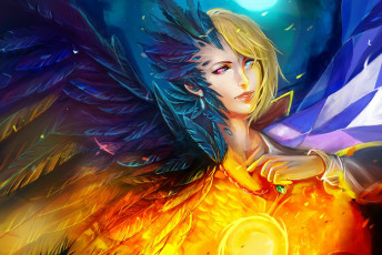 Картинка фэнтези существа птица перья крылья шар магия взгляд блондин парень