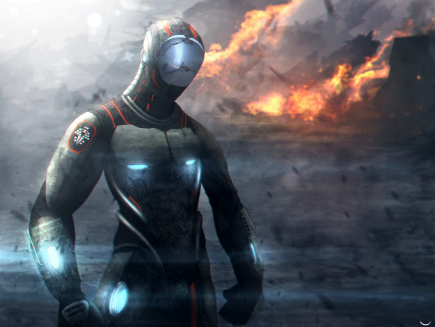 Обои картинки фото фэнтези, роботы,  киборги,  механизмы, пожар, робот, киборг, будущее