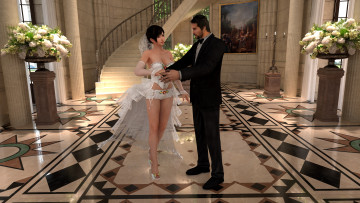 Картинка 3д+графика романтика+ romantics цветы мужчина фон взгляд девушка