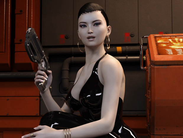 Обои картинки фото 3д графика, люди , people, взгляд, девушка, оружие, фон