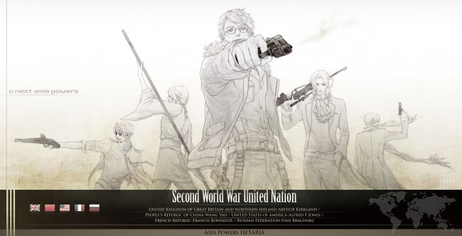 Обои картинки фото аниме, hetalia,  axis powers, axis, powers, america, china, england, france, russia, страны, парни, оружие
