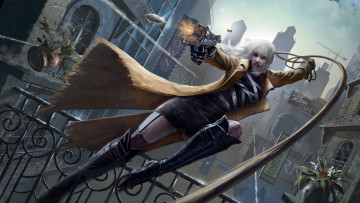 Картинка рисованное кино арт lorraine broughton блондинка падение atomic blonde веревка выстрел пуля девушка charlize theron