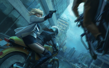 Картинка рисованное кино lorraine broughton atomic blonde пистолет charlize theron погоня art девушка шлем bike мотоцикл