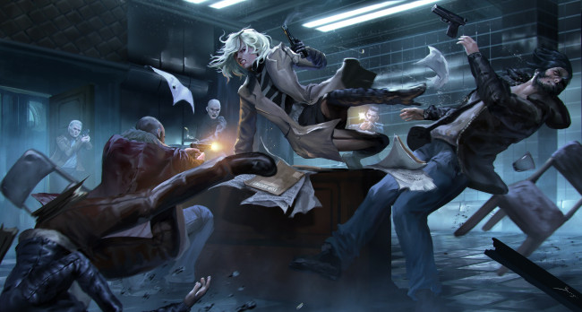 Обои картинки фото рисованное, кино, девушка, atomic, blonde, пистолет, схватка, charlize, theron, удар, плащ, драка, арт, lorraine, broughton