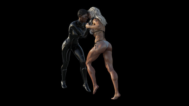 Обои картинки фото 3д графика, люди , people, борьба, взгляд, девушки, фон