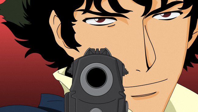 Обои картинки фото аниме, cowboy bebop, spike, spiegel, мужчина, оружие, пистолет, взгляд
