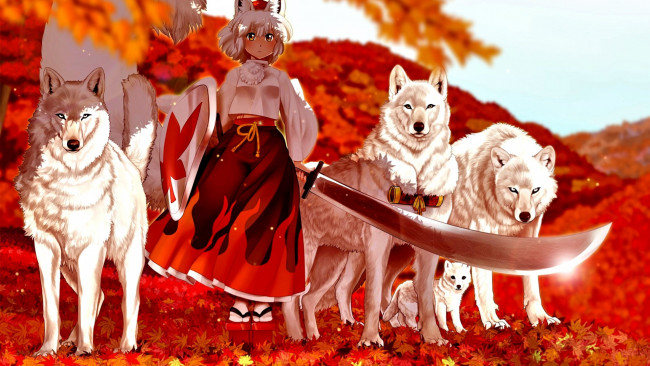 Обои картинки фото аниме, животные,  существа, фон, взгляд, девушка