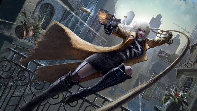 Обои картинки фото рисованное, кино, арт, lorraine, broughton, блондинка, падение, atomic, blonde, веревка, выстрел, пуля, девушка, charlize, theron