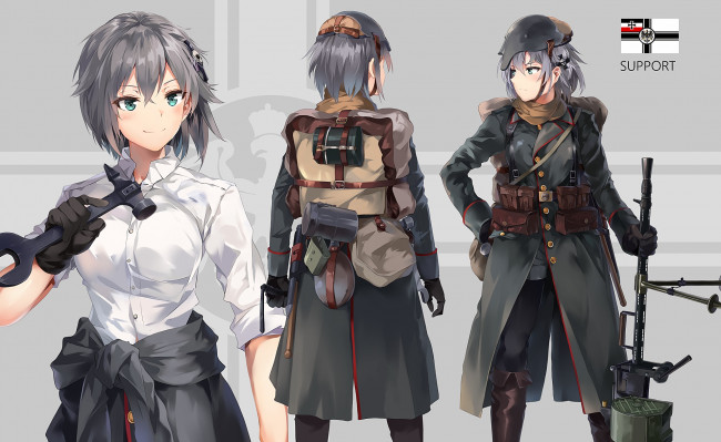 Обои картинки фото аниме, оружие,  техника,  технологии, фон, взгляд, девушки