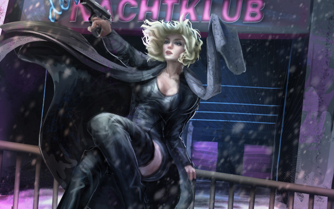 Обои картинки фото рисованное, кино, пистолет, atomic, blonde, девушка, шарф, charlize, theron, плащ, арт, блондинка, lorraine, broughton