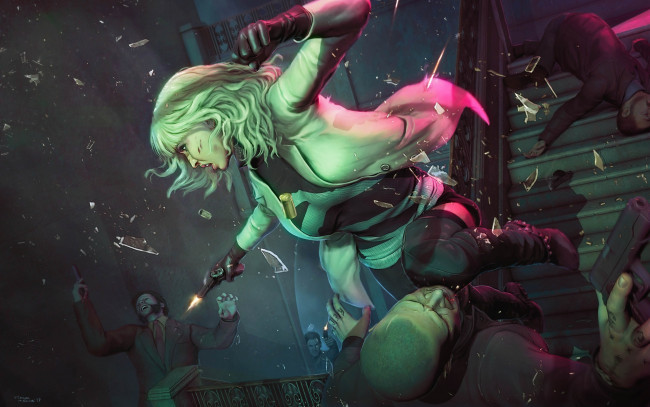 Обои картинки фото рисованное, кино, убийца, atomic, blonde, осколки, charlize, theron, пистолет, арт, лестница, смерть, фильм, lorraine, broughton, девушка