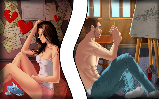 Обои картинки фото рисованное, люди, фон, картина, сердце, мужчина, девушка
