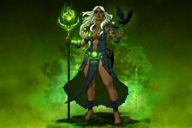 Обои картинки фото рисованное, комиксы, посох, магия, ворон, взгляд, девушка, фон