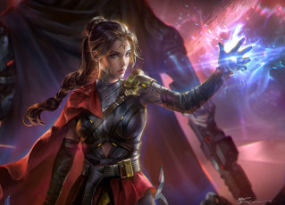 Картинка фэнтези магия warrior armor magic fantasy girl heterochromia cape magician art wizard artwork digital tattoo braid