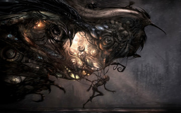 Картинка фэнтези существа тьма свет когти птицы бег человек город