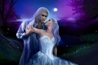 Картинка фэнтези эльфы девушка луна фон мужчина