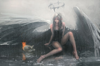 Картинка фэнтези ангелы крылья нимб фон дождь девушка