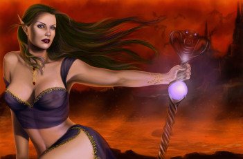 Картинка фэнтези эльфы девушка посох взгляд фон