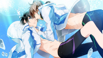 обоя аниме, free, парни, бассейн, вода, куртки, шорты