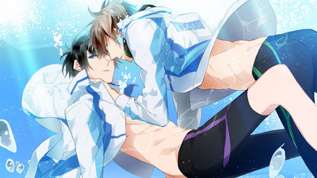 Обои картинки фото аниме, free, парни, бассейн, вода, куртки, шорты